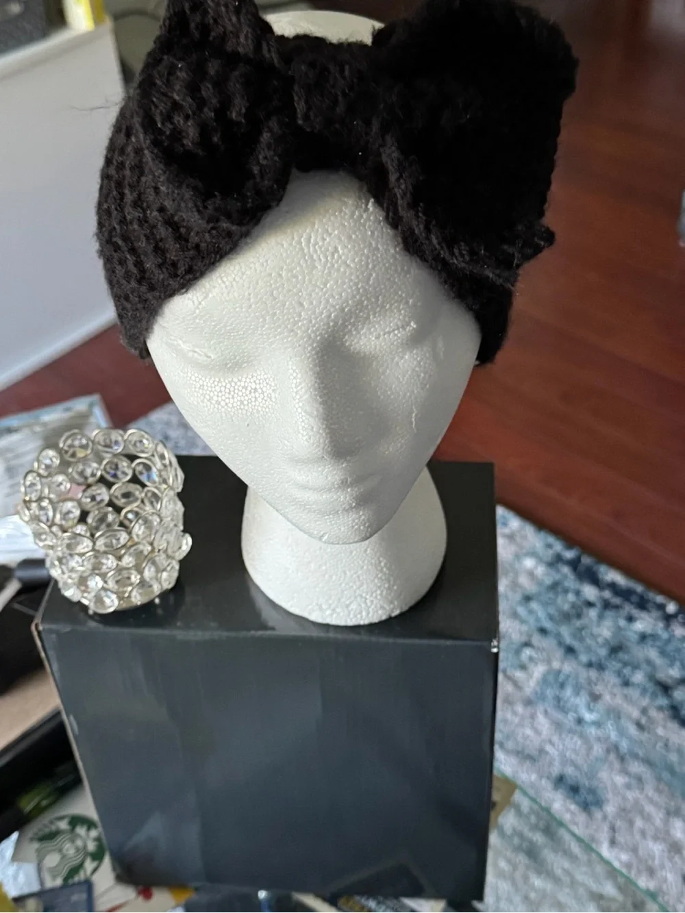 Cozy Black Knit Bow Headwrap for Women